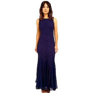 Navy Blue Lace Mermaid Godet Hem Maxi Dress Formal Gown by Sangria